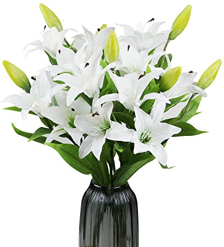 77CM LONG STEM White Artificial Lily Flower, Faux Plastic Lily, Home Garden Wedding Party Table Easter Decoration,WITHOUT VASE