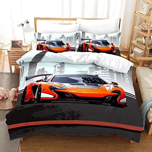 MIQEBX Rennwagen Bettwäsche 135x200cm für Kinder Modern Rot Auto Bettbezug Set für Jungen Jugendliche 3 Teilig Extreme Sport Dekor Betten Set mit Reißverschluss und 2 Kissenbezug 50x75cm