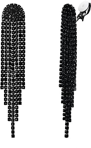 Clearine Clip On Earrings for Women Fashion Long Drop Chandelier Sparkly Rhinestone Crystal Tassel Dangling Earring