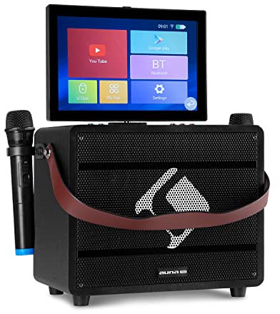 AUNA PA Maquina de Karaoke, Sistema de PA Profesional, Karaoke Portatil Profesional 2 Micrófonos, Bluetooth, Altavoces Auto Amplificados, Micrófono Inalámbrico, LCD 12,1 Pulgadas para Exteriores