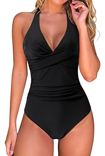 RXRXCOCO Badeanzug Damen Bauchweg Push Up Shape Bademode Neckholder Badeanzug Rückenfrei Schwarz Size L