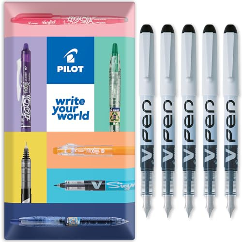 PILOT V PEN - Erasable Disposable Fountain Pen - 0.6mm Nib Tip - Medium Line - In Envelope Gift Packaging - Pack of 5 - Black Ink