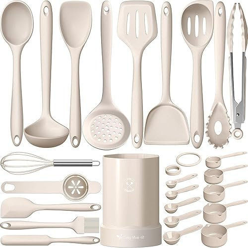 Terlulu Lot de 25 ustensiles de cuisine en silicone, résistants à la chaleur, avec porte-ustensiles, sains et antiadhésifs, passent au lave-vaisselle, kaki