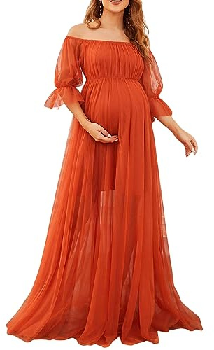 Loalirando Robe de Grossesse Cérémonie Maxi-Longue à Manches 1/2, Robe de Maternité en Tulle Epaules Dénudées Shooting Photo (Orange Rouge, S)