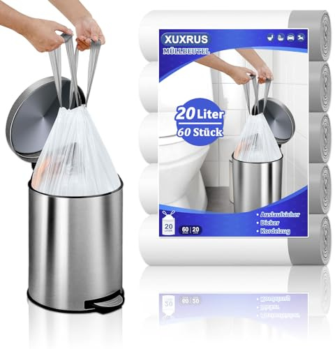 XUXRUS dragband soppåse 20 l soppåsar med bärhandtag starka soppåsar, 60 stycken extra stark vit soptunna