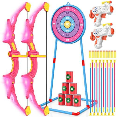 2 Pack Kids Bow and Arrow Set, Pink Light Up Archery Toy Set, 2 Foam Dart Blaster & 6 Target Cans Toys for Ages 5-7, Kids Indoor Outdoor Birthday Gifts Ideas for Boys Girls 4 5 6 7 8 9 10 Year Old