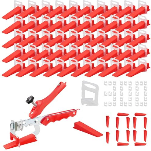 Flintronic Fliesen Nivelliersystem Set, 1 Fliesen Nivellierzange + 100 Keile Kunststoff + 300 Zuglaschen 3mm, Nivelierset Fliesen, Fliesenverlegehilfe Set, Fliesen Werkzeug für DIY and Profi