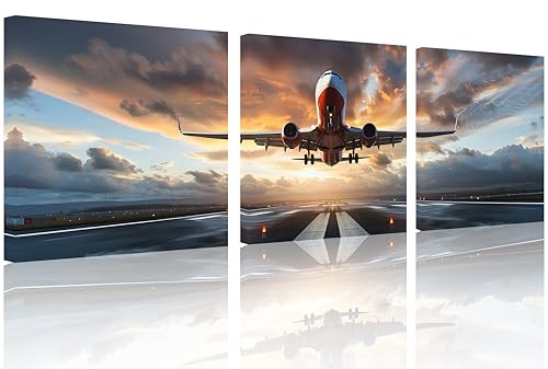 TutuBeer Airplane Wall Art Airplane Canvas Wall Art Red Plane at Sunset Picture Print on Canvas Aircraft Posters Stretched and Framed Aviation Pictures for Living Room Bedroom Home Decor 12X12inchx3