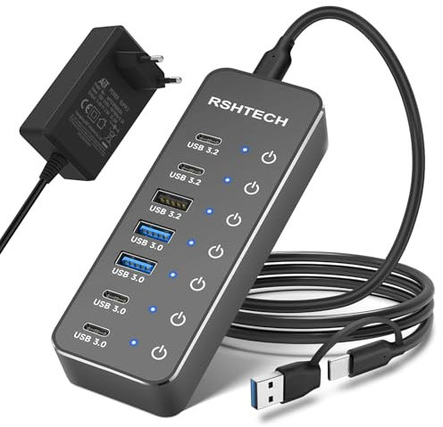 RSHTECH 7 Port USB C 3.2 Hub Aktiv mit Netzteil - USB 3.1 Gen2 Hub mit 3 * 10Gbps Ports (Type-A, 2*Type-C), 3.0 5Gbps (2* Ty-A, 2* Ty-C) - Datenkabel (100cm), 15W 5V/3A, RSH-ST07C-4