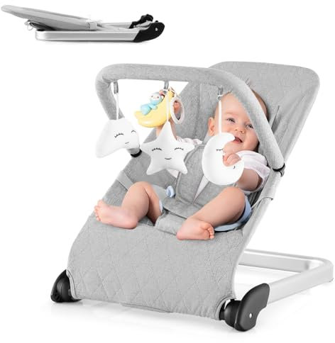 COSTWAY 2 in 1 Babywippe klappbar, tragbare Babyschaukel mit abnehmbarem Spielbogen, Baby Wippe mit 5-Punkt-Sicherheitsgurt, Babywiege für Baby bis 6 Monaten, Grau