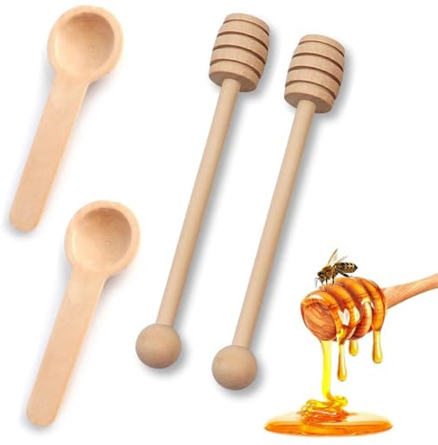 CATOR 4 Pz agitatori per Miele, cucchiaio per miele, cucchiai di Miele in Legno, agitatori per Miele con Sollevatore di Miele, Bastoncini di Miele a Spirale, Agitatori con Bastoncini di Miele (2+2)