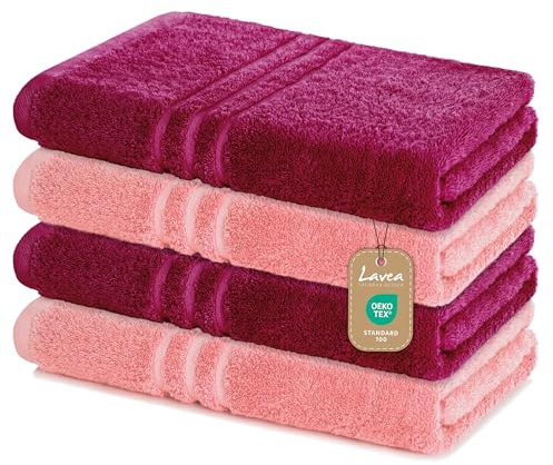 Lavea Duschtücher 4er Set – 70x140 cm – 100% Baumwolle – Weiche & Saugfähige Frottee Handtücher – 500 g/m² – Einfarbig & Zweifarbig – ÖKO-TEX Zertifiziert – Waschbar bis 60°C - Bordeaux & Pastellrosa