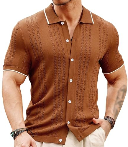 Camisa vintage con botones para hombre, manga corta, cuello cubano, textura, camisa de punto a rayas, para golf, playa