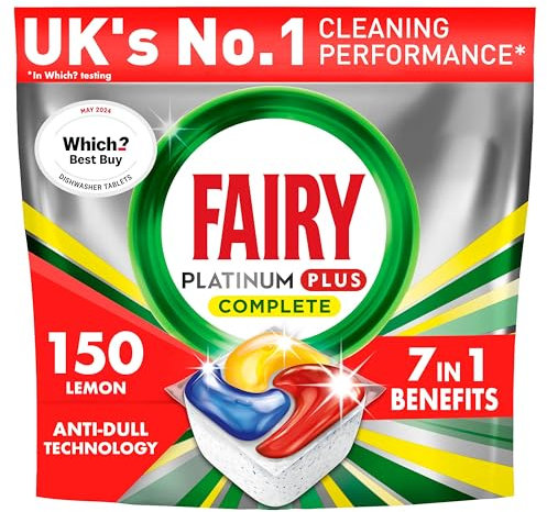 Fairy Platinum Detersivo Pastiglie Lavastoviglie Plus Complete, Brillantante, 150 Capsule, Limone, Tecnologia Anti-Opaco, Contro Il Grasso e le Incrostazioni Ostinate Anche Nei Cicli Brevi