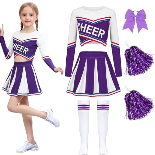 Deguisement Cheerleader Costume Pompom Girl avec Pom Poms Nœud Et Chaussettes Costume de Cheerleader Uniforme de Cheerleadering Pour Carnaval Cosplay Mascarade Halloween FêTe Performance-Purple 130
