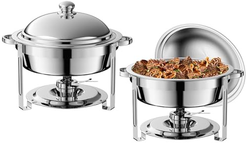 Rechaud e Scaldavivande Confezione da 2 Piatti Chafing Rotondi Set Buffet, Acciaio Inossidabile 6L Server Buffet Rotondo e Scaldavivande, Supporti Spessi Catering Chafe con Ciotole a Specchio