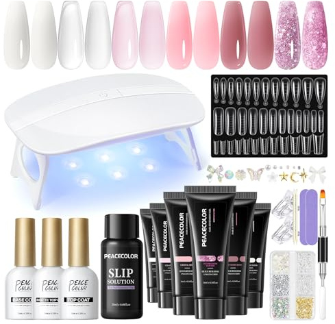 PEACECOLOR Kit Unghie Gel Completo Set Unghie Gel Ricostruzione 6 Colori Nudo Bianco Trasparente 16ml Set con Base y Top Coat per Principianti al Fai Da Te a Casa