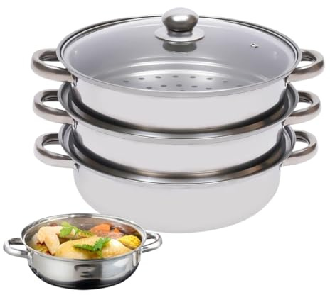 Set per cottura a vapore, coperchio in da 28 cm, multifunzione, pentola a vapore da cucina a 3 livelli in acciaio, impilabile, per cottura a induzione per la preparazione di pasti in