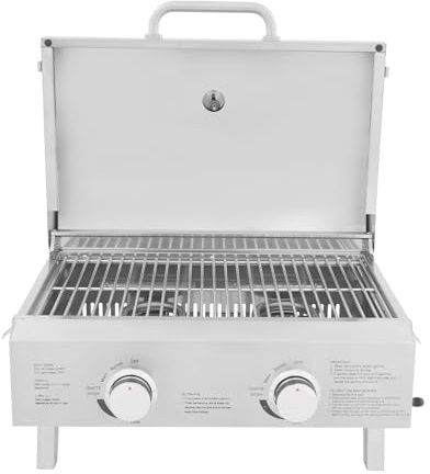 Loobiiny Barbacoa de gas de acero inoxidable con 2 quemadores, barbacoa plegable al aire libre, parrilla de mesa con regulador de gas, parrilla de camping de acero inoxidable, parrilla de 55,8 x 45 x