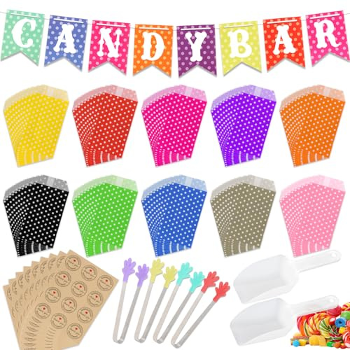 Artlyfe 116PCS Candy Bar Accesorios Set, Contiene 100 Bolsas de Candy Bar, 9 Pegatinas, 4 Pieza Pinzas de Candy, 2 Cucharas, 1Candy Bar Banner Para Caramelo, Bar, Boda, Fiesta, Cumpleaños