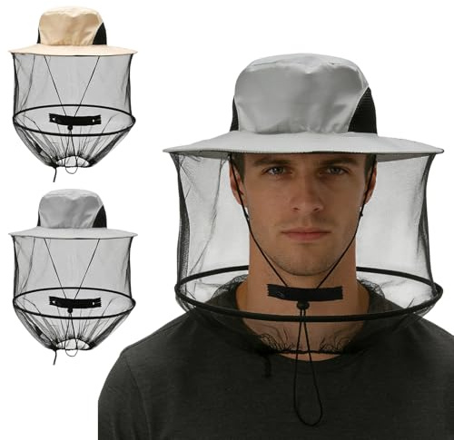 Eyesoul 2 Pack Garden Hat with Hidden Mesh Net, Sun Hat for Women & Men, Foldable Wide Brim Safari Hat for Beekeeping Fishing Hiking (Khaki & Gray)