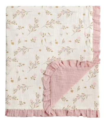 CREVENT Babydecke aus 100% Bio-Baumwolle Musselin 100x100cm (40''x40''), Neugeborenendecke Babyparty & Geburtstag - Blumenmuster mit Besatz