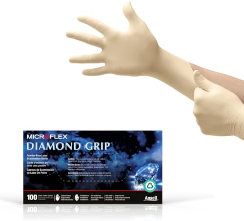 Ansell MICROFLEX Diamond Grip MF-300 Disposable Latex Gloves for Automotive, Healthcare, Machinery Industries - Med, Natural (Box of 100)