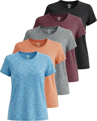 Real Essentials Lot de 5 : T-Shirt de Sport à Manches Courtes et col Rond Dry Fit Tech Stretch pour Femme (Grandes Tailles Disponibles), Lot 2, Taille M