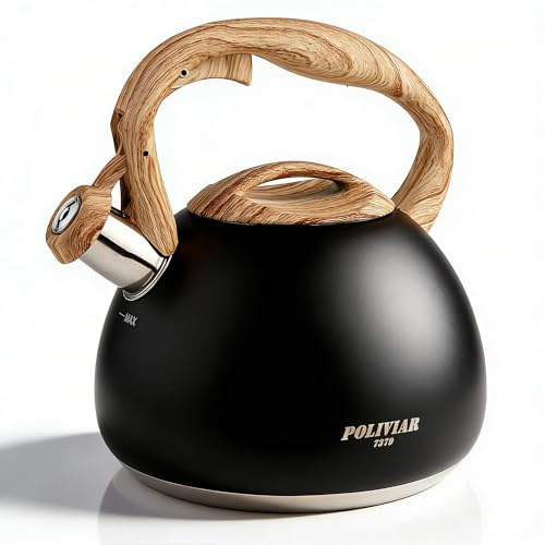 Poliviar Moderne Wasserkessel Induktion Pfeifkessel aus Edelstahl, Teekessel für alle Kochplatten, Flötenkessel mit Holzgriff, Wasserkocher für Tee Kaffee, ca 2.7L, Schwarz (JX2018-WB20-DE)