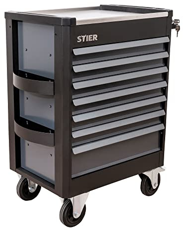 STIER Werkstattwagen Premium mit Edelstahl-ArbeitsfläChe, Traglast 500kg, 7 Schubladen, 100% Auszug, Soft-Close-Funktion