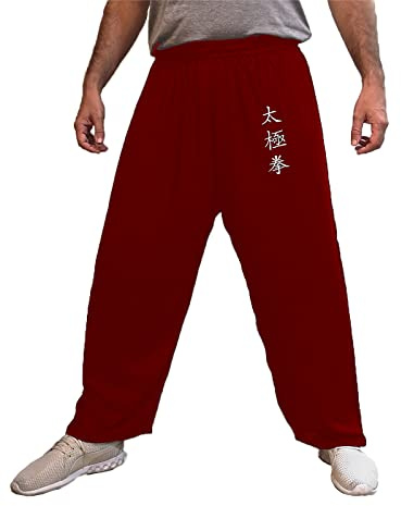 Pantalones de Tai Chi Taza Amplia Hombre y Mujer y Niño Pantalones de Yoga Qigong Abierto a los Tobillos (S, Burdeos Tai Chi)