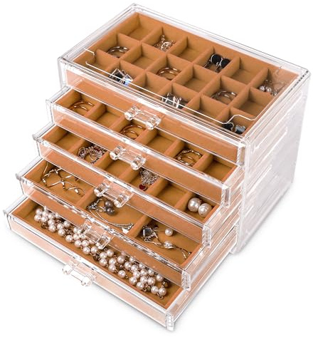 Frebeauty Boîte de rangement en acrylique transparent pour bijoux et boucles d'oreilles avec 5 tiroirs et plateaux en velours pour femme - Pour bagues et clous d'oreilles, kaki
