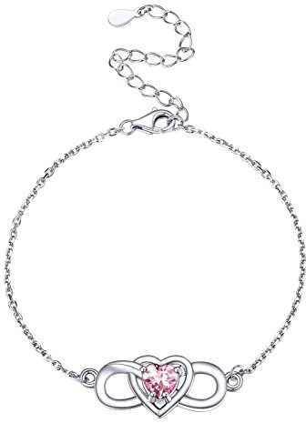 PROSILVER Dam Infinity Silver Figaro Mesh Armband med Syntetiskt hjärta Rosa Turmalin