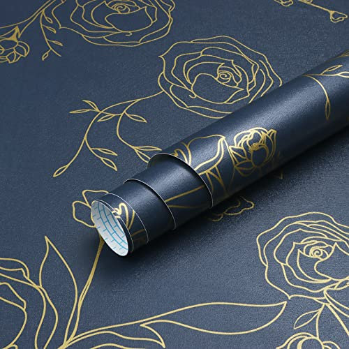 Timeet Self Adhesive Wallpaper Dark Blue Floral Contact Paper 44CM×3M Waterproof Peel and Stick Wallpaper Gold Rose Sticky Back Plastic Removable Vinyl Wrap for Wall Furniture
