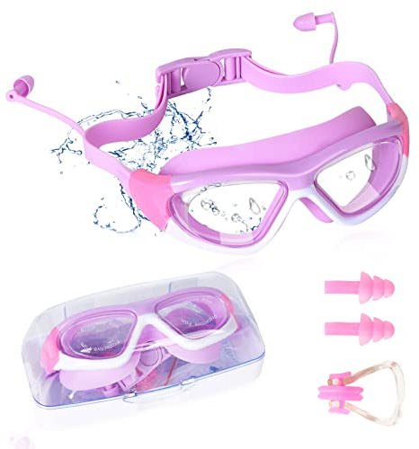 Jodsen Swimming Goggles, Anti-Fog Kids Swim Goggles with Ear Plugs and Nose Clip, UV Protection Wide Vision Kids Swimming Glasses with Adjustable Silicone Strap for Boys, Girls (Purple)