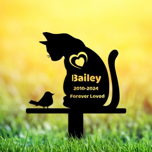 GRJIRAC Custom Cat Grave Marker Metal Memorial Plaque for Outdoors, Personalized Bird Cat Memorial Garden Stake, Cat Loss Stake Pet Memorial Gift, Cat Memorial Garden Decor Sympathy Grave Stake