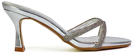 Womens Slip On Mule Heeled Sandals Ladies Stiletto Strappy Diamante Party Silver Shoes Size 7