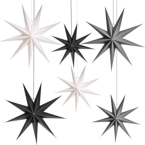 JOYSAL 6 Stelle di Carta per Decorazioni Natalizie, 3 x 30 cm e 3 x 45 cm, Decorazione a Forma di Stella di Natale (Nero, Bianco e Grigio)