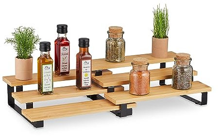 Relaxdays Especiero, Organizador Especias Extensible, Bambú, 11,5 x 32 x 24,5 cm, 3 Niveles, Mueble Cocina, Natural, 11.5 x 32 x 24.5 cm