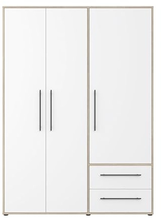 AVANTI TRENDSTORE Fathie - Armadio camera da letto a 3 ante battente e 2 cassetti, all'interno ripiani e un appendiabiti. Colore bianco, bianco/marrone. Dimensioni LAP 145x200x59 cm.