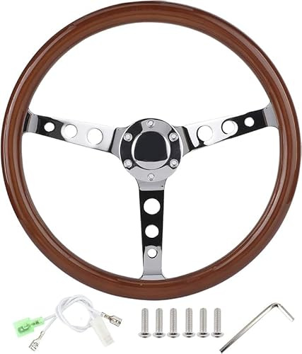 LANNADD 15 Zoll Holzlenkrad Universal, 380mm 6 Loch Professionelle Auto Modifikation Zubehör Lenkrad Mahagoni Vintage Lenkrad, Mit Hupenknopf Braun für Oldtimer Boote Oder Clubautos