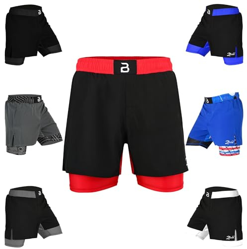 2BOLD MMA Shorts Men’s 2 in 1 Jiu-Jitsu Built in Compression Lining Athletic Gym Boxing Muay Thai BJJ No-Gi Grappling Shorts, Black-red, Large
