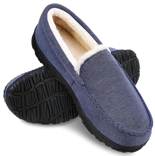 MIXIN Moccasins for Men House Slippers Indoor Outdoor Plush Mens Bedroom Shoes with Hard Sole Blue Size 13