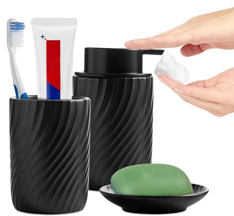 XUDREZ Keramik Badezimmer Zubehör Set, 4-teiliges Seifenspender Set, Badezimmer Set inklusive Seifenspender und Seifenschale, Zahnputzbecher für Zuhause und Bad (Schwarz, 3-teiliges Set)