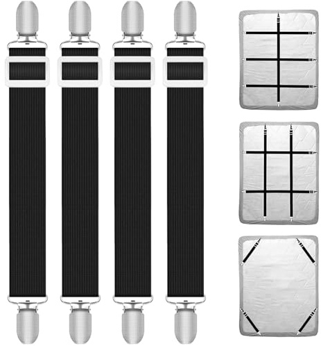Quelcc 4 Pcs Bed Sheet Clips, Adjustable Bed Sheet Fasteners, Elastic Sheet Straps Suspenders Clips with Metal Clips for Bedding, Fitted Bed Sheet Grippers to Keep Your Sheets in Place, Black