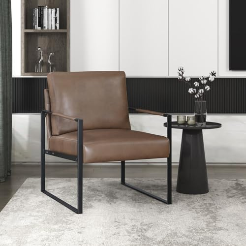 Lexicon Modern Accent Chair, Faux Leather Upholstered Living Room Chair with Wrapped Armrests, Arm Chair with Black Metal Frame, Comfy Single Chair for Living Room/Bedroom/Reading Room/Office, Brown