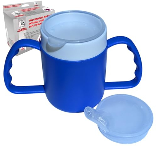 DR. BONE'S THERAPEUTICS ® Two Handled Mug with Internal Cone Blue with Spouted Lid with Small Opening, Drinking aid 140 ml (Blue 2 Lids)
