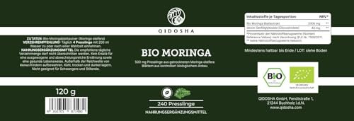 QIDOSHA® Bio Moringa oleifera Presslinge hochdosiert, 240 Stk im Apothekerglas, 2000mg je Tagesportion, 100% naturrein und schonend verarbeitet (240 Presslinge, 240 Presslinge mit 500mg)