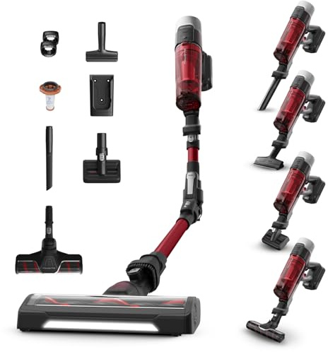 Rowenta X-Force Flex 9.60 Complete, Akku Stab-Staubsauger, tiefenreinigende Kraft, Akku Staubsauger mit 100 AW, vollständiges Reinigungsset, LED-Leuchten, kabellos, langlebiger Akku, rot, RH2099WO