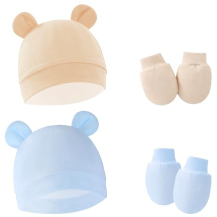 RTRTGS RT 2 Juegos de Gorro y Guantes para Bebé Recién Nacido, Gorritos Bebé Algodón, Beanie Sombrero para Bebés Niños, Gorro y Manoplas, Unisex (0-6 Meses)